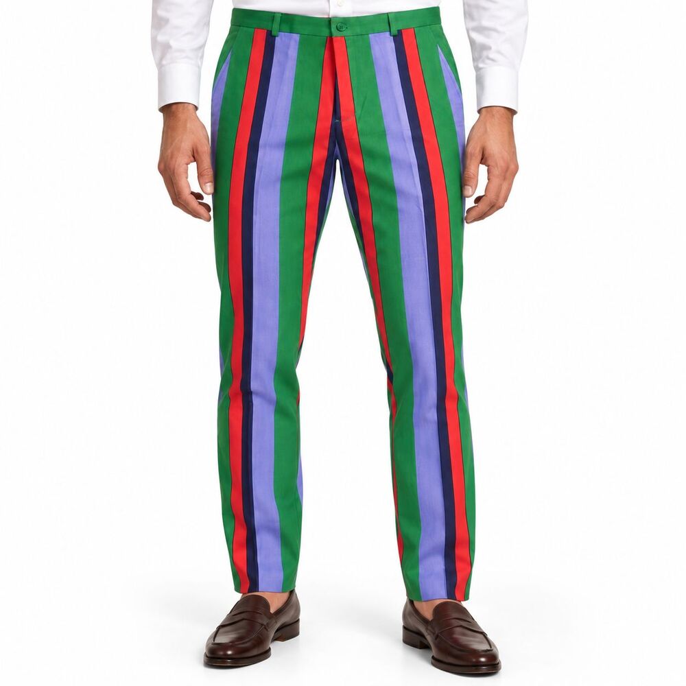 Mens 36 Multicolor Striped Cotton Slim Fit Flat Front Dress Pants Trousers NWT